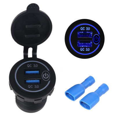 Adaptor pentru încărcător auto USB dublu QC3.0, impermeabil, 12V 24V, cu comutator tactil pornit/oprit, Lumină LED pentru telefon mobil, GPS, camion, SUV, autobuz