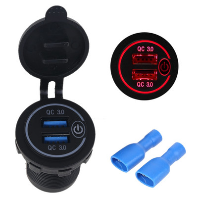 Adaptor pentru încărcător auto USB dublu QC3.0, impermeabil, 12V 24V, cu comutator tactil pornit/oprit, Lumină LED pentru telefon mobil, GPS, camion, SUV, autobuz
