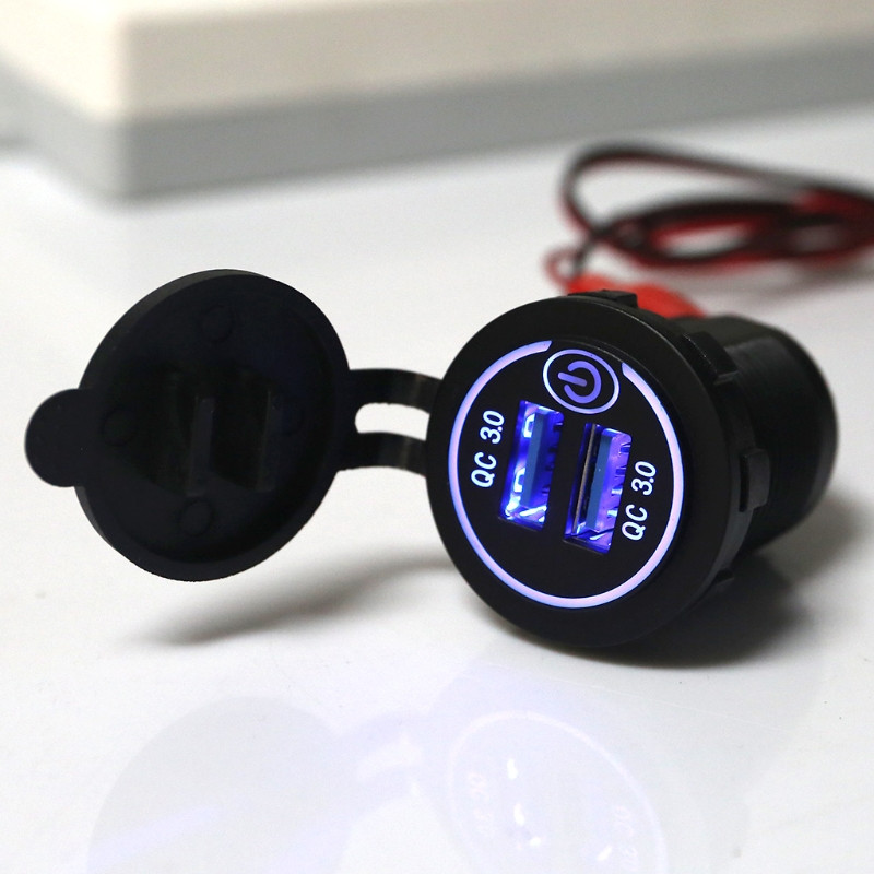 Adaptor pentru încărcător auto USB dublu QC3.0, impermeabil, 12V 24V, cu comutator tactil pornit/oprit, Lumină LED pentru telefon mobil, GPS, camion, SUV, autobuz