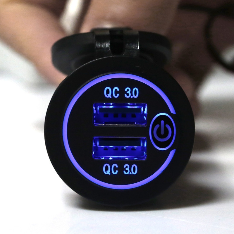 Adaptor pentru încărcător auto USB dublu QC3.0, impermeabil, 12V 24V, cu comutator tactil pornit/oprit, Lumină LED pentru telefon mobil, GPS, camion, SUV, autobuz