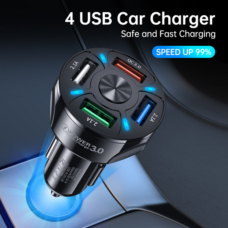 AUFU punjač za auto Quick Charge QC 3.0 USB adapter za punjač 4 porta Brzo punjenje Punjač za mobitel za auto za iPhone Xiaomi