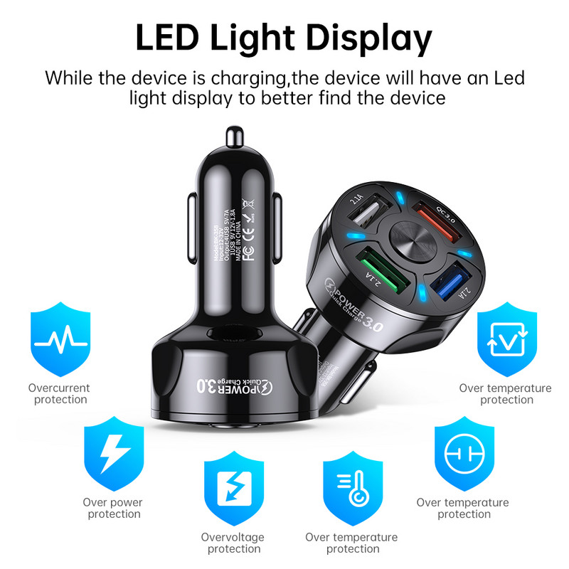 AUFU punjač za auto Quick Charge QC 3.0 USB adapter za punjač 4 porta Brzo punjenje Punjač za mobitel za auto za iPhone Xiaomi