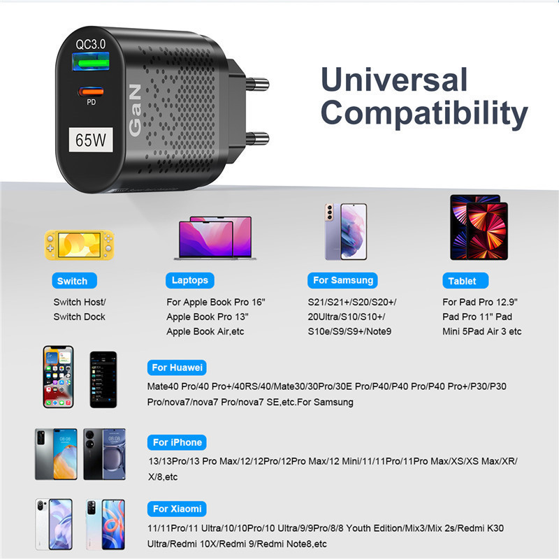 Tkey 65W galij nitrid GAN telefonski adapter za brzi punjač za iPhone Xiaomi Samsung USB PD brzo punjenje KC/EU/US punjač