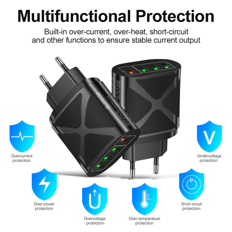 48W USB punjač 4 porta Quick Charge QC 3.0 zidni putni telefon brzo punjenje za iPhone 13 12 Samsung Xiaomi Poco EU adapter za utikač