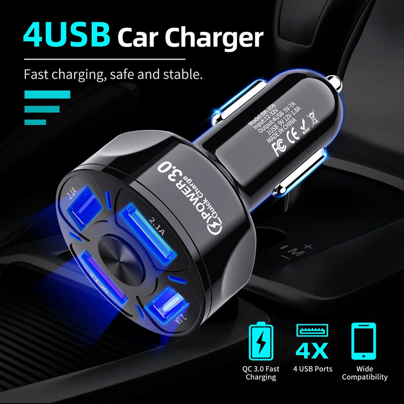 USLION 7A auto punjač 4 priključka USB univerzalno brzo punjenje QC3.0 QC4.0 za iPhone 11 Xiaomi Samsung adapter punjača za telefon u automobilu
