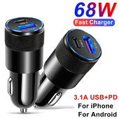 Încărcător de mașină USB PD 68W, încărcare rapidă 3.0 tip C, Adaptor de telefon pentru încărcare rapidă pentru iPhone 13 12 Pro Max Redmi Huawei Samsung S21 S22