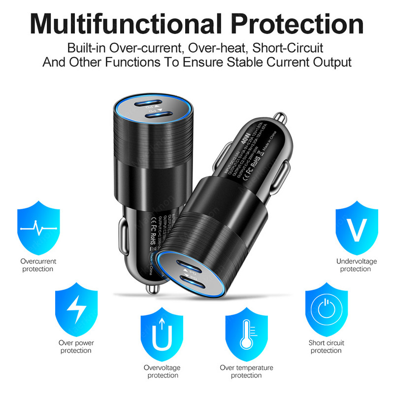 40W auto punjač Quick Charge 3.0 Dual PD USB C brzi punjač, adapter za auto punjač za iPhone 13 12 11 Pro Max Samsung Xiaomi