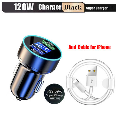 Încărcător de mașină USB 120W Adaptor de încărcare rapidă pentru iPhone 13 Pro max Accesorii 12 11 Telefoane mobile Samsung Xiaomi cu afișaj LCD