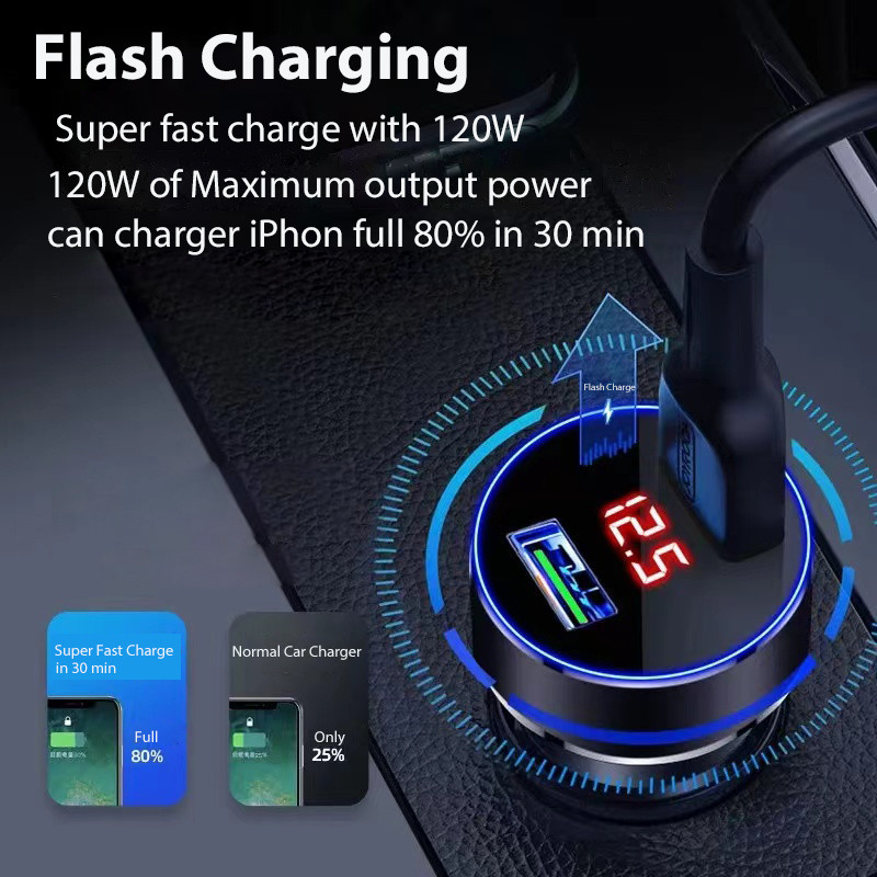 120W USB auto punjač Adapter za brzo punjenje za iPhone 13 Pro max Dodaci 12 11 Samsung Xiaomi mobilni telefoni s LCD zaslonom