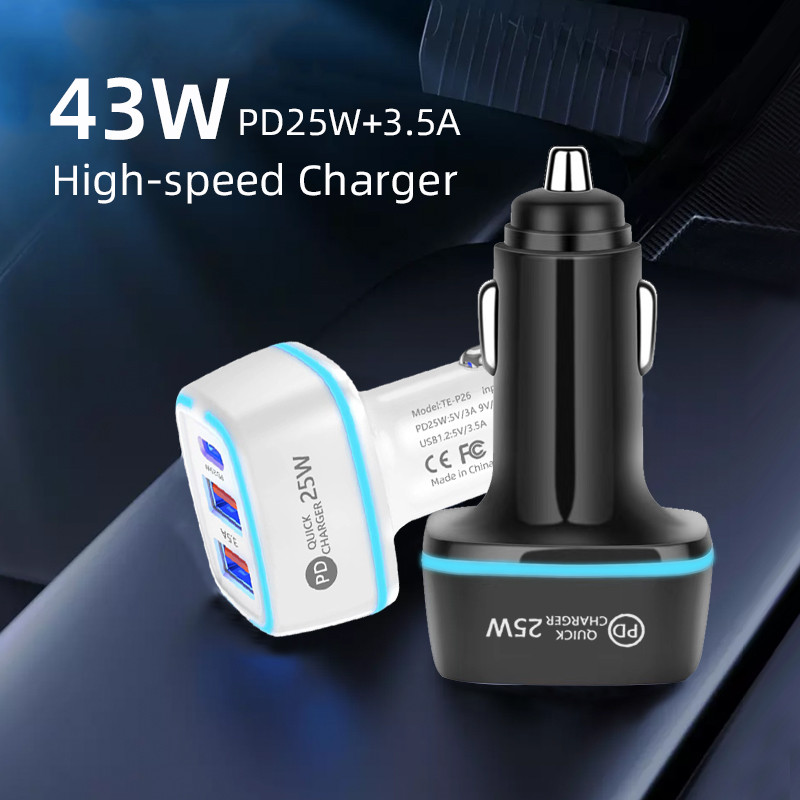 LED svjetlo 25W PD auto punjač brzo punjenje USB Quick Charge 3.0 za auto adapter za telefon za iPhone 13 14 Xiaomi Huawei Sansung