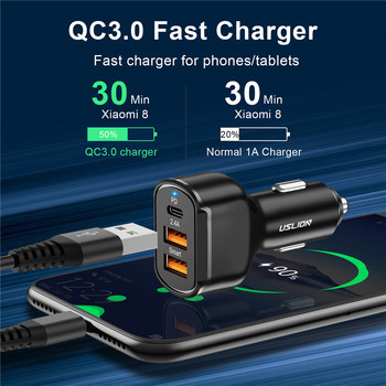 USLION 30W Car Charge PD 3 порта USB QC4.0QC3.0 Type C Бързо зареждане за Xiaomi Huawei, Адаптер за зарядно за мобилен телефон Samsung в кола