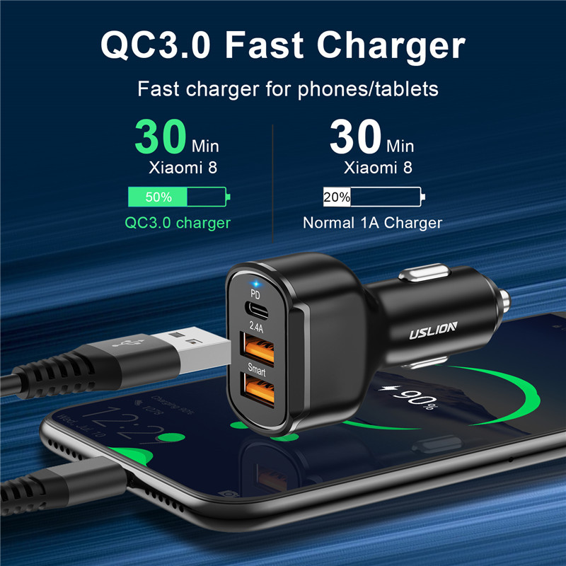 USLION 30W auto punjenje PD 3 porta USB QC4.0QC3.0 tip C brzo punjenje za Xiaomi Huawei Samsung adapter za punjač za mobitel u automobilu