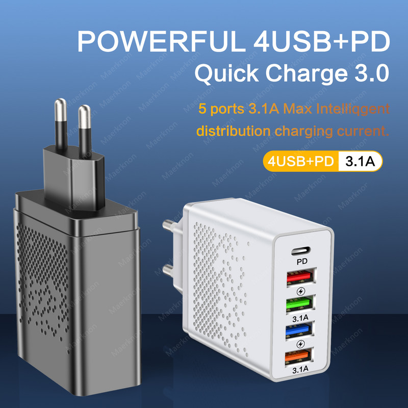 Maerknon 48W USB punjač PD Quick Charge QC 3.0 Adapter za zidni telefonski punjač tipa C Brzo punjenje za iPhone 13 12 Pro Max 11 iPad