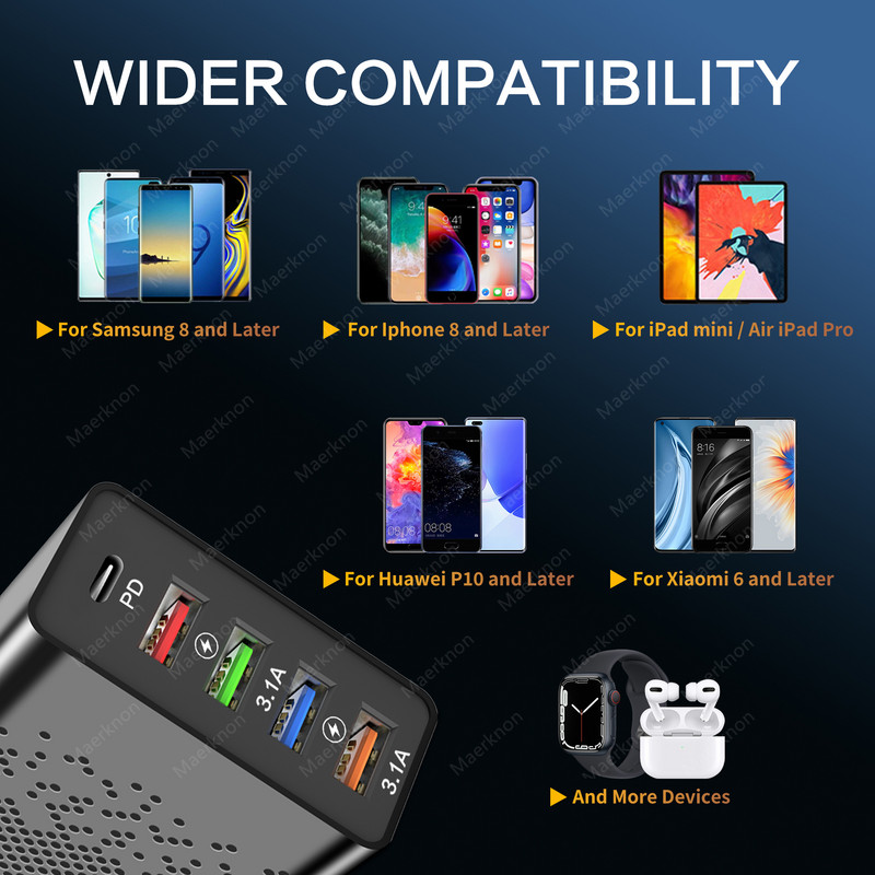 Maerknon 48W USB punjač PD Quick Charge QC 3.0 Adapter za zidni telefonski punjač tipa C Brzo punjenje za iPhone 13 12 Pro Max 11 iPad