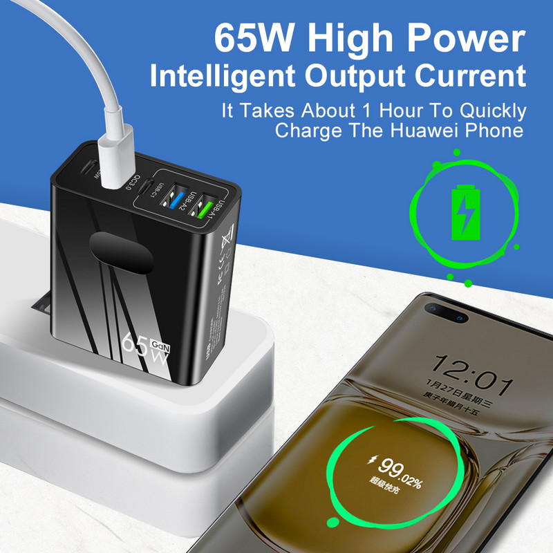 65W GaN PD USB C punjač Quick Charge 3.0 5 priključaka Tip C punjač za telefon Zidni adapter za iPhone 12 Pro max Samsung Xiaomi Huawei