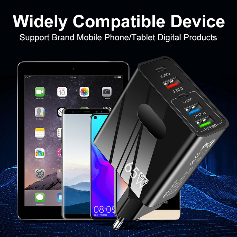 65W GaN PD USB C punjač Quick Charge 3.0 5 priključaka Tip C punjač za telefon Zidni adapter za iPhone 12 Pro max Samsung Xiaomi Huawei