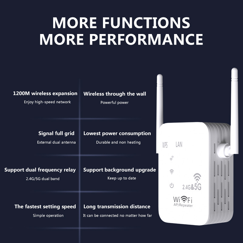 1200 Mb/s 2 4g5g Wi-Fi kartotuvo signalo stiprintuvas Belaidis Wifi kartotuvo plėstuvas Maršrutizatorius 5g Wifi kartotuvas Wifi stiprintuvas ilgo nuotolio