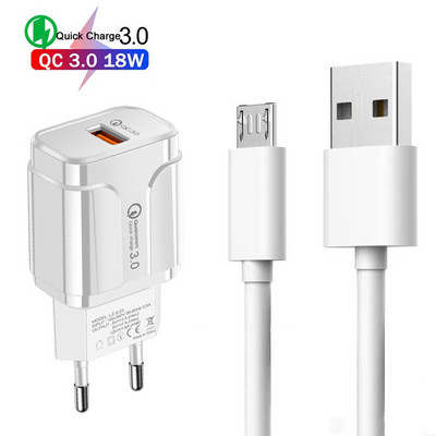 Бързо зарядно Quick Charge 3.0 18W EU Plug зарядно за телефон за OPPO F11 F9 Pro A1K A15 A12 Realme C15 C12 C11 C3 C2 Micro USB кабел