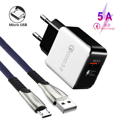 QC 3.0 Адаптер за бързо зарядно устройство 5A Micro USB кабел за Huawei P8 P9 Lite Y5 Y6 Y7 Y9 2018 Honor 6 7 LG G3 G4 18W EU Plug USB зарядно