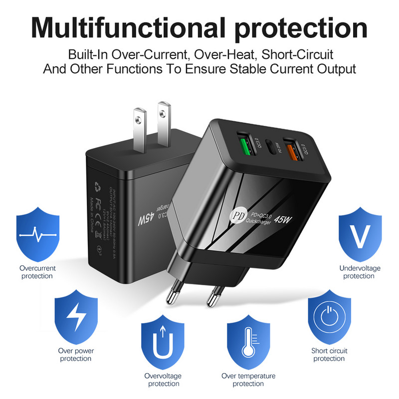 3Port USB punjač USB C 48W brzo punjenje za iPhone 11 12 Xiaomi Huawei Samsung mobilni telefon PD punjač Adapter za putni punjač