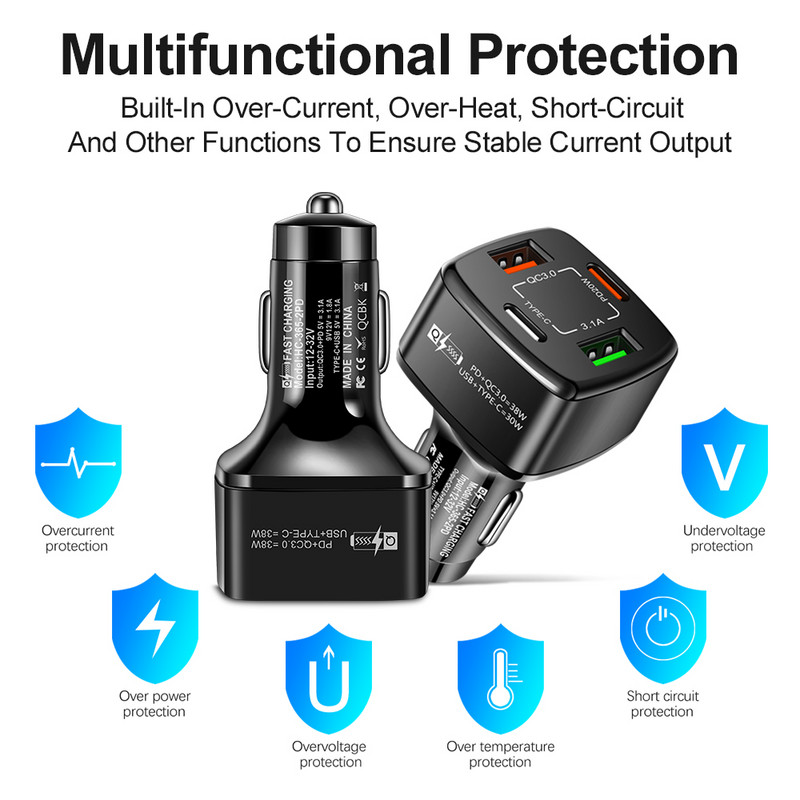 Φορτιστής αυτοκινήτου Olaf 38W Fast Charging Type C PD QC3.0 3.1A USB Charger Multiple Ports for iPhone Xiaomi Huawei Phone Adapter