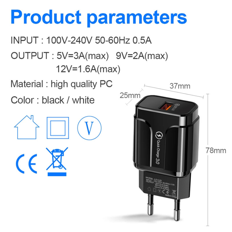 Punjač za mobilni telefon Quick Charge QC 3.0 4.0 18W brzo punjenje EU US Plug adapter zidni USB punjač za iPhone Samsung Xiaomi