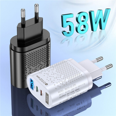 USB PD ātrās uzlādes adapteris 58W QC3.0 klēpjdatora ātrais lādētājs iPhone 14 13 Xiaomi 12 Samsung mobilā tālruņa sienas lādētājs