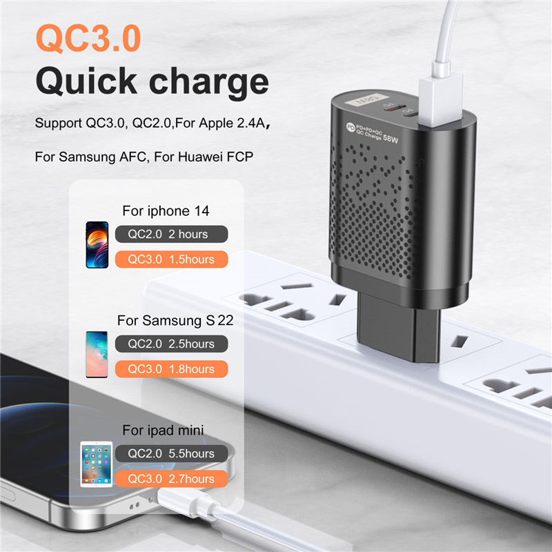 USB PD adapter za brzo punjenje 58W QC3.0 brzi punjač za prijenosna računala za iPhone 14 13 Xiaomi 12 zidni punjač za mobitele Samsung