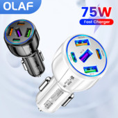 Încărcător auto Olaf 75W 5 porturi Încărcare rapidă PD QC3.0 USB C Încărcător telefon auto Adaptor tip C pentru iphone Samsung Huawei Xiaomi poco