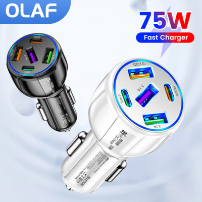 Olaf 75W 5Ports зарядно за кола Fast Charging PD QC3.0 USB C зарядно за телефон за кола Тип C адаптер за iphone Samsung Huawei Xiaomi poco