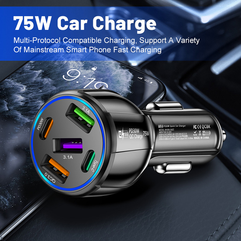 Olaf 75W 5 porta auto punjač brzo punjenje PD QC3.0 USB C auto punjač tip C adapter za iphone Samsung Huawei Xiaomi poco