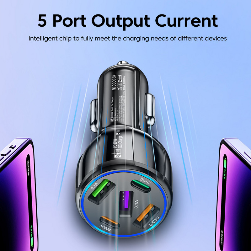 Olaf 75W 5 porta auto punjač brzo punjenje PD QC3.0 USB C auto punjač tip C adapter za iphone Samsung Huawei Xiaomi poco