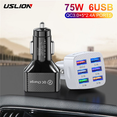 USLION 6 Ports USB Car Charger 15A QC3.0 Fast Charging Mobile Phone Adapter for iPhone 13 12 Pro 8 Huawei Xiaomi Samsung S21 S20