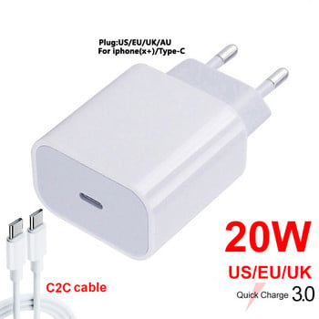Ново 20W PD зарядно устройство за Iphone 13 12 USB-C кабел Захранващ адаптер Зарядно устройство UK/US/EU Plug Смарт телефон Бързо зарядно устройство за Samsung S10 C2C