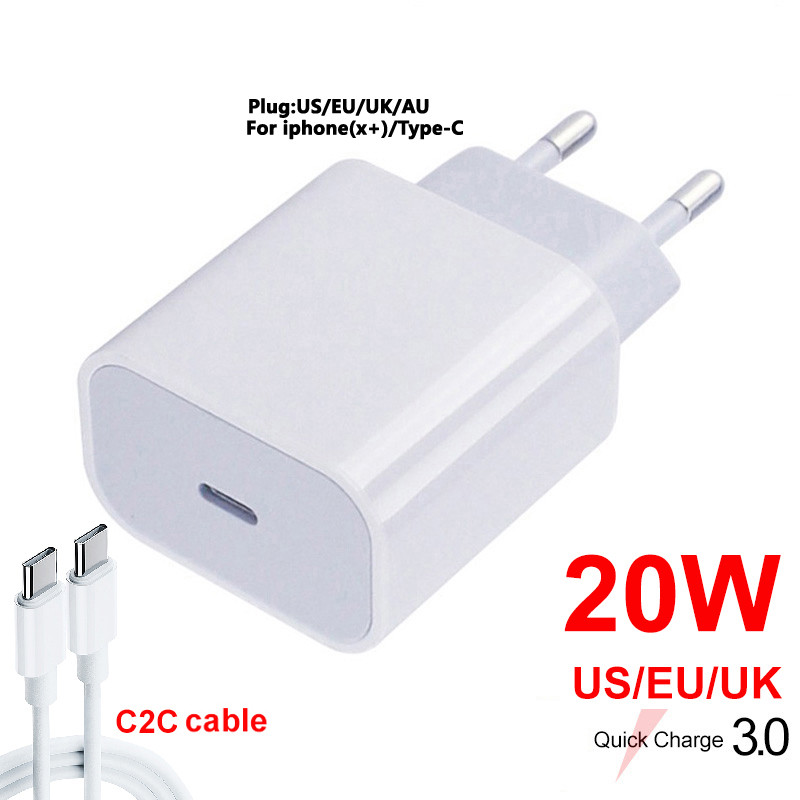 Νέος φορτιστής PD 20W για Iphone 13 12 Καλώδιο USB-C Φορτιστής προσαρμογέα τροφοδοσίας UK/ΗΠΑ/ΕΕ Φορτιστής έξυπνου τηλεφώνου για Samsung S10 C2C