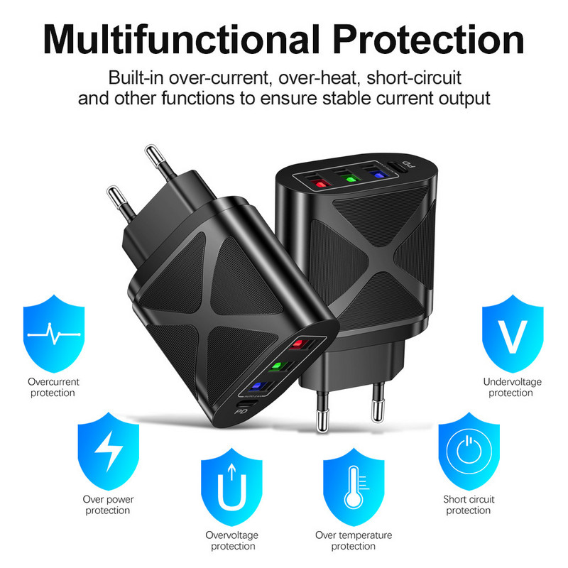 Φορτιστές USB 48W 3 θυρών + Φορτιστής PD τύπου C Γρήγορη φόρτιση Για iphone 13 12 Pro Φορητός προσαρμογέας φορτιστή τηλεφώνου Huawei Xiaomi