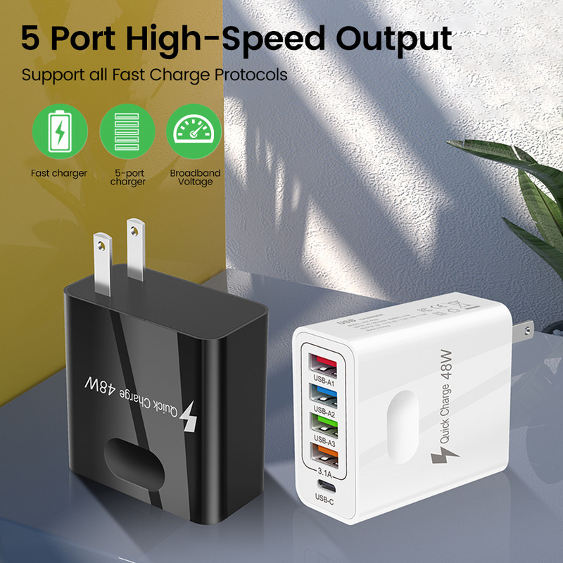 Olaf 48W USB C Φορτιστής 5 θυρών QC 3.0 Type C USB Fast Charging Wall Adapter για IPhone 13 Xiaomi Samsung PD Quick Charger Phone