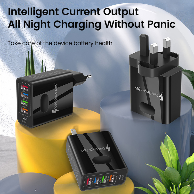 Olaf 48W USB C Φορτιστής 5 θυρών QC 3.0 Type C USB Fast Charging Wall Adapter για IPhone 13 Xiaomi Samsung PD Quick Charger Phone
