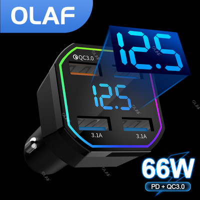 Olaf 66W automobilinis įkroviklis greitas įkrovimas iPhone Xiaomi Samsung PD automobilinio telefono įkroviklis Quick Charge 3.0 4port automobilinis USB įkroviklio adapteris