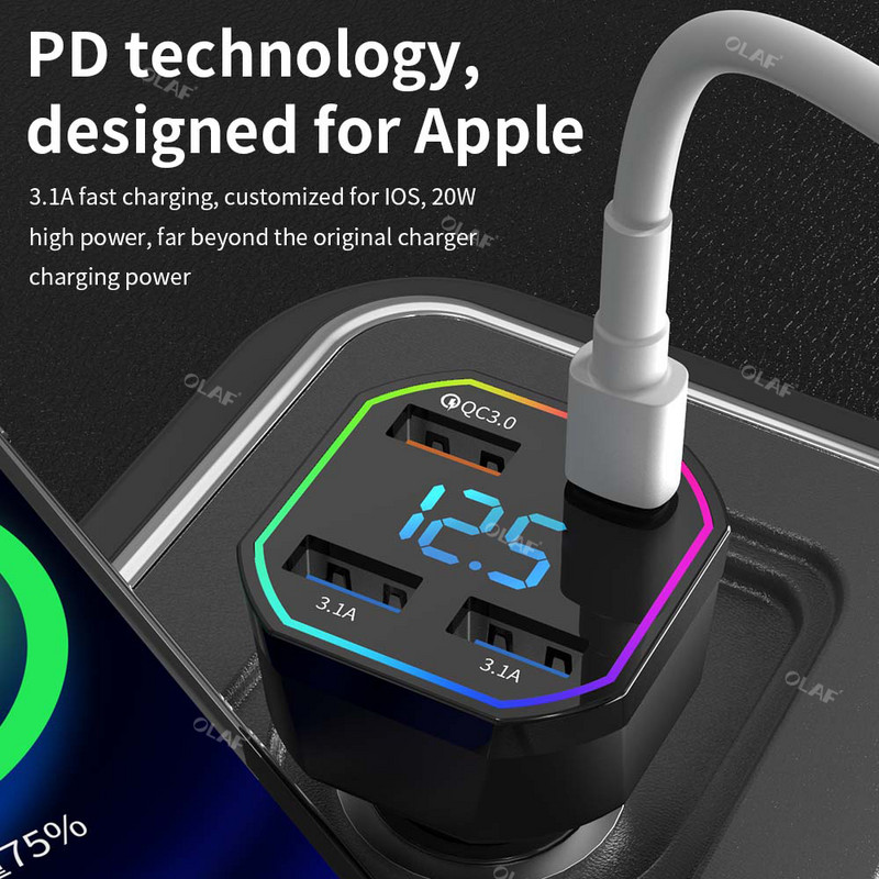 Olaf 66W auto punjač Brzo punjenje za iPhone Xiaomi Samsung PD auto telefon punjač Quick Charge 3.0 4Port auto USB punjač adapter