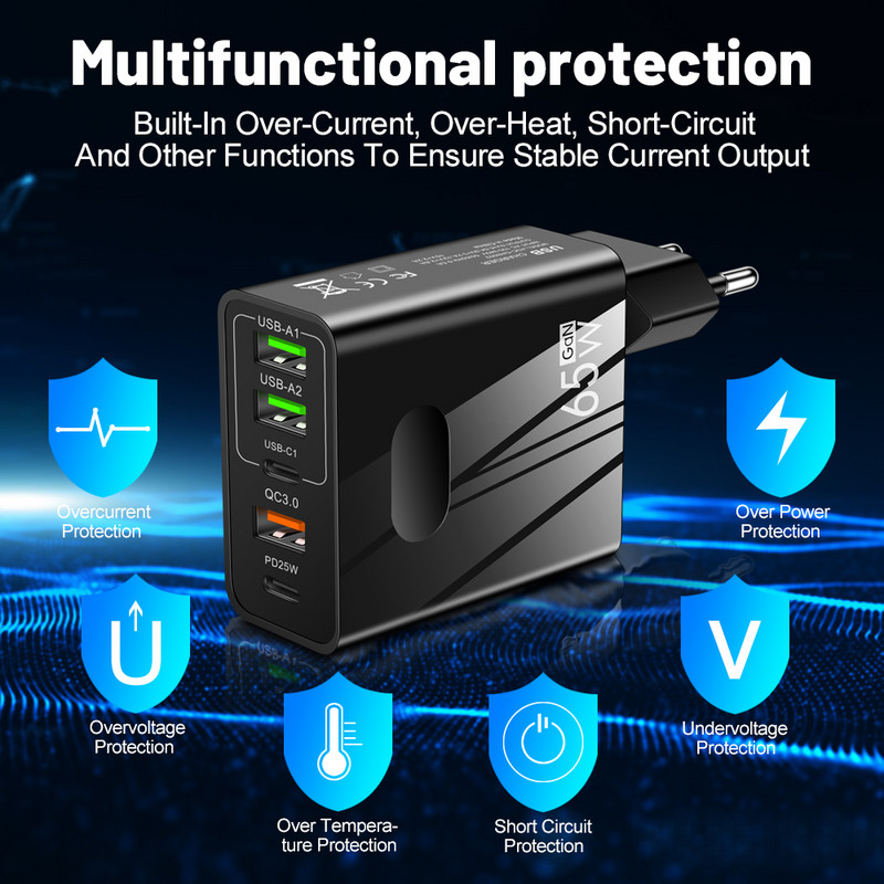 Quick Charge 3.0 65W PD USB tip C punjač za iPhone 14 13 12 Pro max 5 priključaka adapter za telefonski punjač za Samsung Xiaomi Huawei