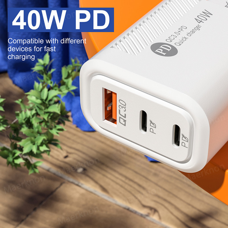 USB C įkroviklis 40W PD greitas įkroviklis 3 prievadų C tipo mobiliojo telefono įkroviklis, skirtas iPhone Xiaomi 12 Samsung QC3.0 universalus maitinimo adapteris