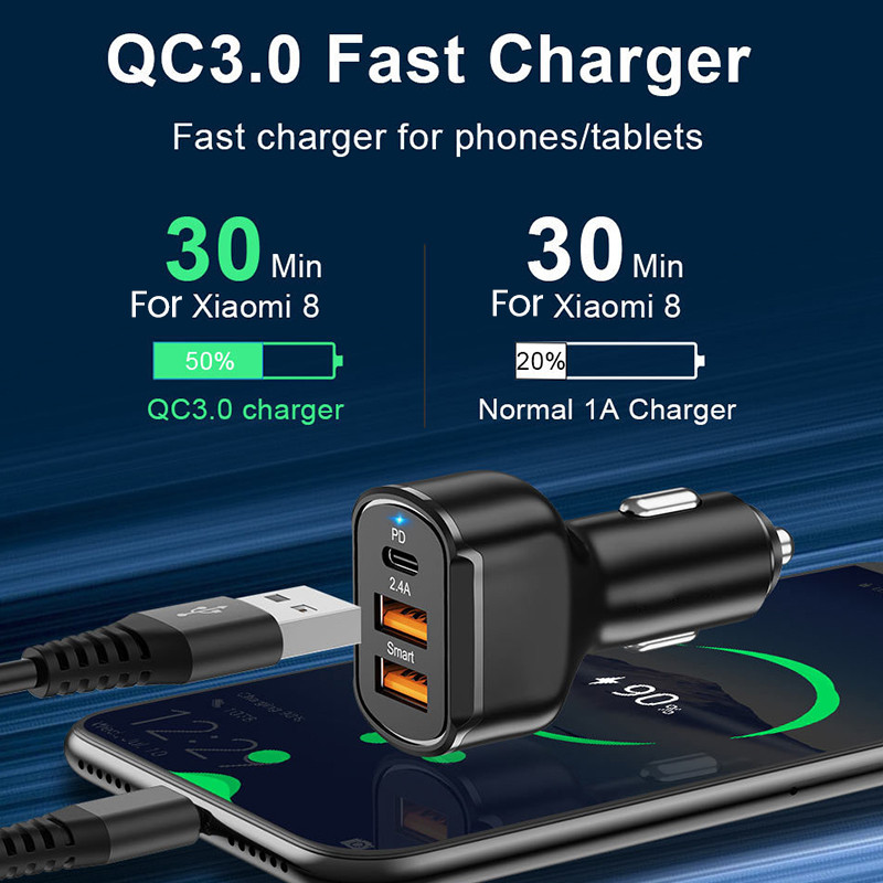 Φορτιστής αυτοκινήτου PD 3 θυρών 65W Φόρτιση κινητού τηλεφώνου γρήγορης φόρτισης σε αντάπτορα τύπου C αυτοκινήτου για iPhone 13 Xiaomi Samsung USB Car Chargers