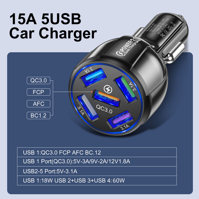 Lovebay 15A 5 priključaka USB auto punjenje Mini LED brzo punjenje za iPhone 12 Xiaomi Huawei adapter punjača za mobitel u automobilu tablet