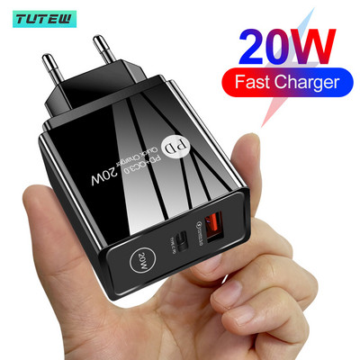 Tutew Fast PD 20W USB įkroviklis Quick Charge QC 3.0 telefono sieninio įkroviklio adapteris, skirtas iPhone 13 12 Pro iPad Huawei Xiaomi Samsung