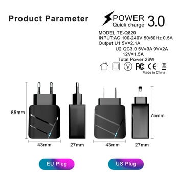 Бързо зарядно устройство за телефон QC Бързо зареждане 3.0 USB захранващ адаптер EU US Wall Travel 5V 3A 28W за Iphone 11 PRO Samsung Huawei Xiaomi
