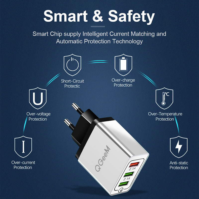 QGEEM USB punjač za Xiaomi Mi9 iPhone X EU US utikač QC 3.0 3 USB brzi telefonski punjač Quick Charge 3.0 prijenosni adapter za punjenje