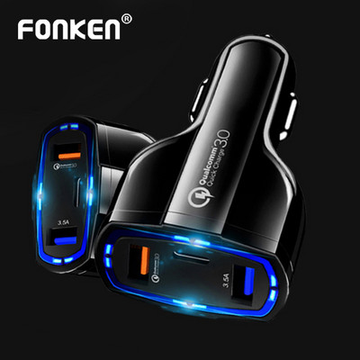 3 viename USB C automobilinis įkroviklis Mobiliojo telefono USB įkroviklis 3 prievadai Fast Charge QC3.0, skirtas XIaomi iPhone Samsung išmaniojo telefono įkroviklio adapteris