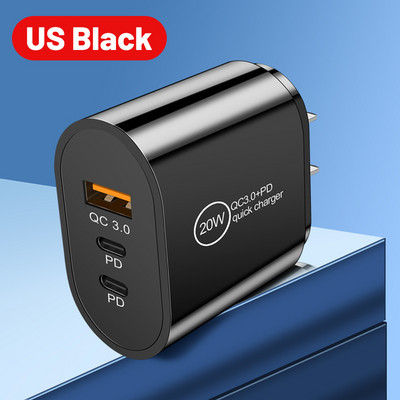 Încărcător USB 2 PD Încărcător dublu tip C pentru iPhone 13 12 11 Pro Încărcare rapidă 3.0 pentru Adaptor pentru telefon mobil Xiaomi Huawei Samsung