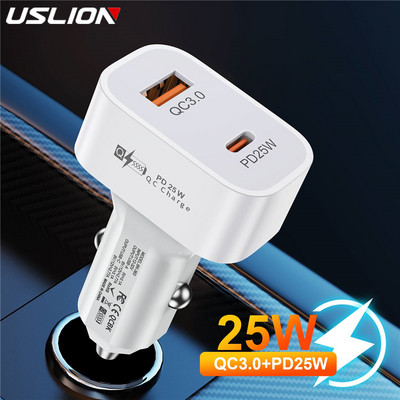 USLION Square USB automobilinis įkroviklis greitas įkrovimas QC3.0 PD25W Type C 25W greito įkrovimo automobilinis USB įkroviklis skirtas iPhone Xiaomi mobiliajam telefonui